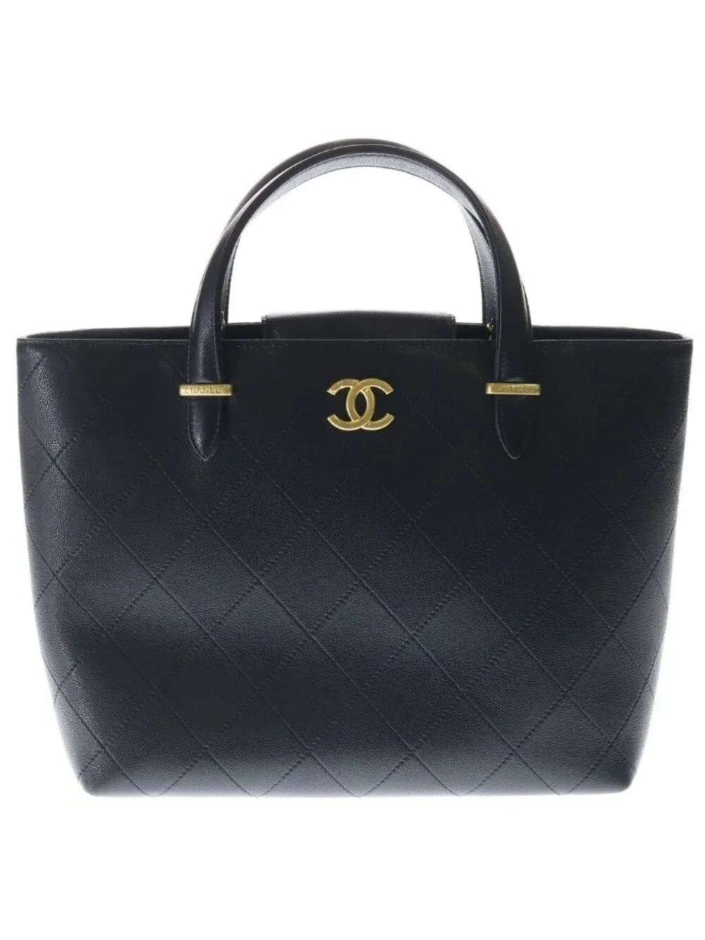 Chanel Quilted Classic Shopping Handbag Tote Shoulder Bag Black Caviar Leather